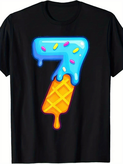 Men's Graphic T-Shirt Blue Frosted Icy Waffle Dripping Melting Sprinkles Number Seven