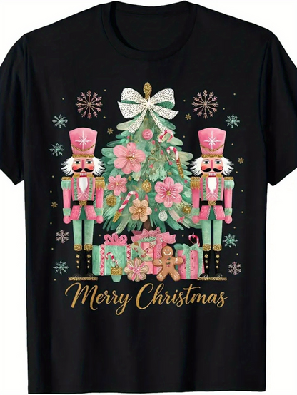 Men's Graphic T-Shirt Merry Christmas Pink Nutcrackers And Gifts Under Festive Christmas Tree