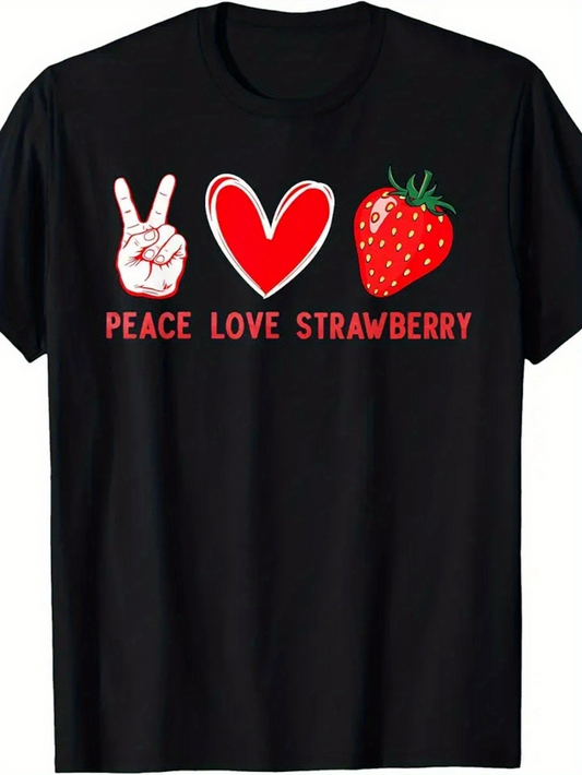 Men's Graphic T-Shirt Peace Love Strawberry With Vibrant Heart And Juicy Red Strawberry