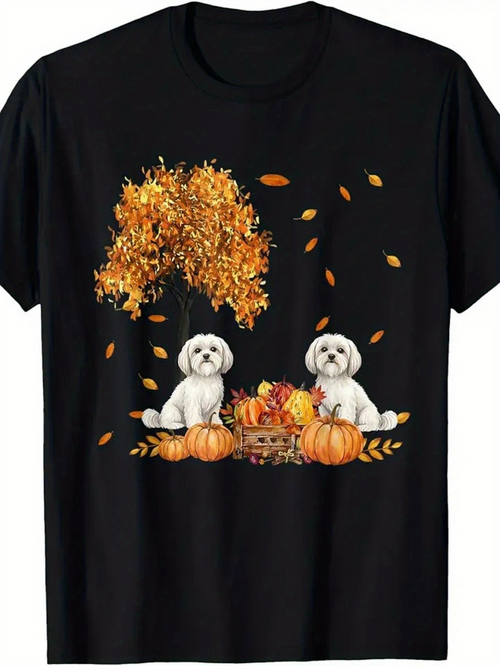 Men's Graphic T-Shirt Gentle Autumn Breeze With Falling Leaves Beside Fluffy White Dogs Pumpkin