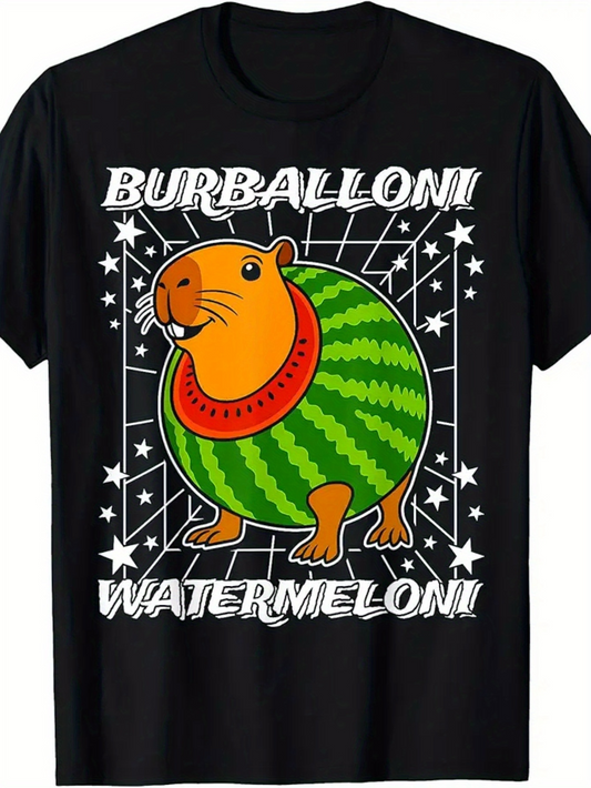 Men's Graphic T-Shirt Burbballoni Watermelon Cartoon Rodent With Green Rounded Body
