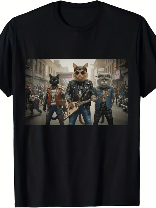 Men's Graphic T-Shirt City Street With Three Cool Cats Playing Guitars Under Neon Lights Cat