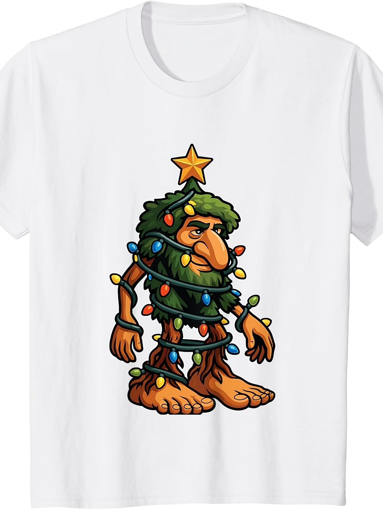 Men's Graphic T-Shirt Cartoon Creature Wrapped With Bright Festive Christmas Tree Lights