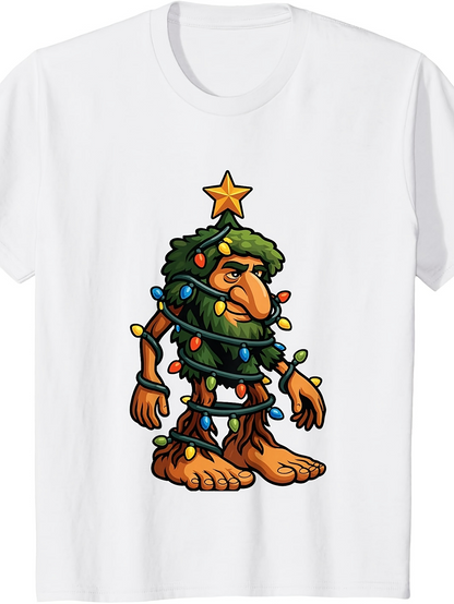 Men's Graphic T-Shirt Cartoon Creature Wrapped With Bright Festive Christmas Tree Lights