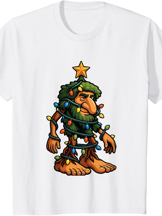 Men's Graphic T-Shirt Cartoon Creature Wrapped With Bright Festive Christmas Tree Lights