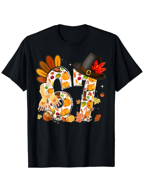 Men's Graphic T-Shirt Traditional Harvest Elements And Pilgrim Hat Around Festive Turkey Shirt
