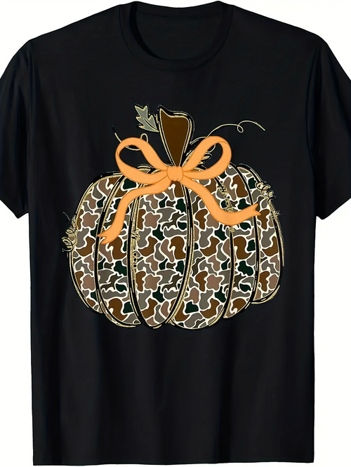 Men's Graphic T-Shirt Autumn Camouflage With Orange Bow Ribbon Pumpkin