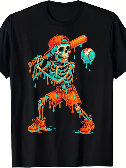 Men's Graphic T-Shirt Melting Neon Urban Baseball Skeleton With Dripping Colors And Cap