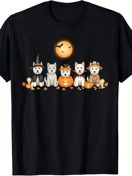 Men's Graphic T-Shirt Cute White Cats In Halloween Costumes Beneath Glowing Pumpkin Moon