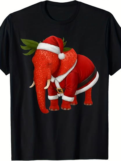 Men's Graphic T-Shirt Red Christmas Costume With Cute Green Leaves Elephant