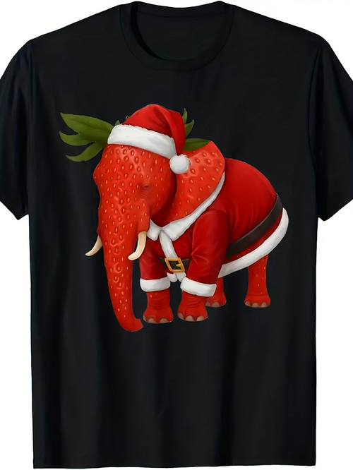 Men's Graphic T-Shirt Red Christmas Costume With Cute Green Leaves Elephant