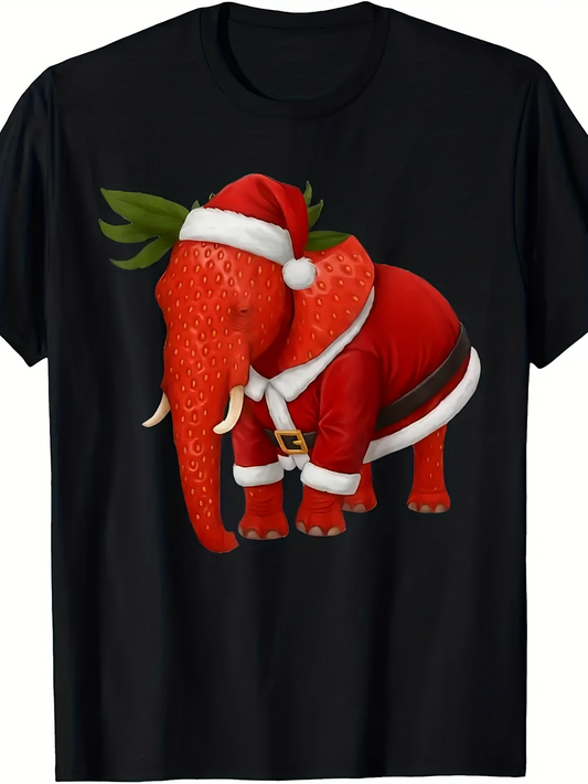 Men's Graphic T-Shirt Red Christmas Costume With Cute Green Leaves Elephant