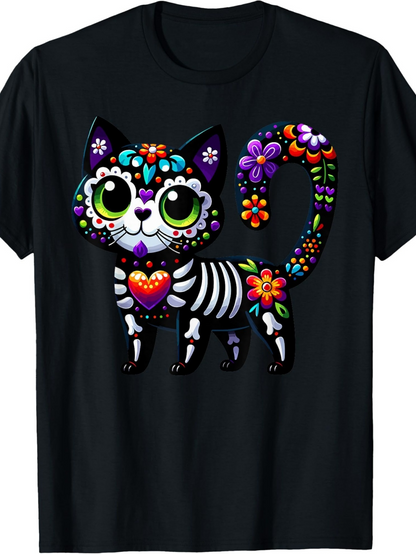 Men's Graphic T-Shirt Colorful Floral Day Of The Dead Inspired Skeleton Cat