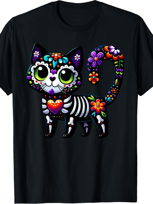 Men's Graphic T-Shirt Colorful Floral Day Of The Dead Inspired Skeleton Cat