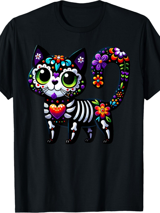 Men's Graphic T-Shirt Colorful Floral Day Of The Dead Inspired Skeleton Cat