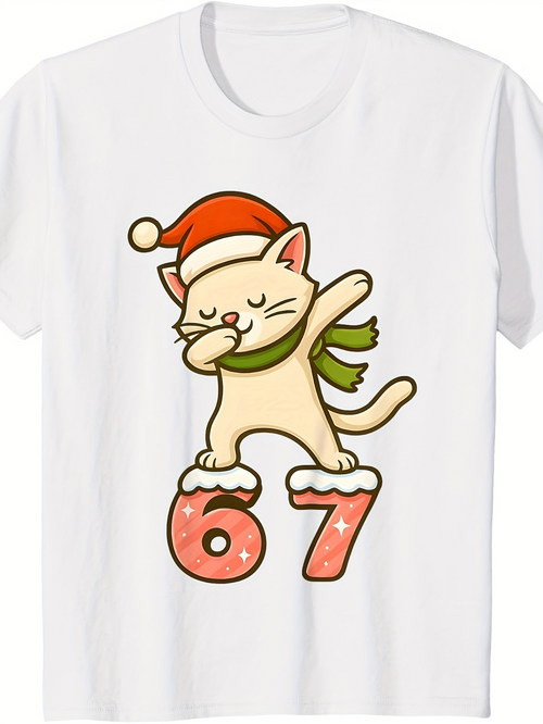 Men's Graphic T-Shirt Festive Cat In Santa Hat With Holiday Dabbing Pose Over Playful Numbers