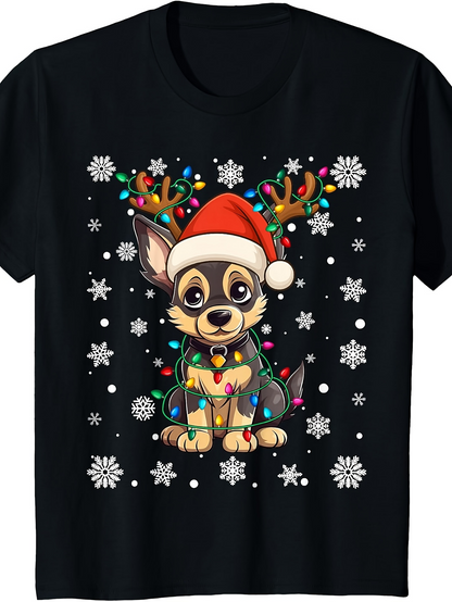 Men's Graphic T-Shirt Festive Wrapped Dog With Reindeer Antlers Colored Lights And Snowflakes Puppy