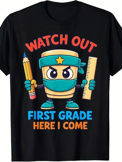 Men's Graphic T-Shirt Watch Out First Grade Here I Come Cute Stationery Ninja With Pencil And Ruler Character