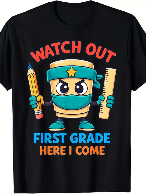 Men's Graphic T-Shirt Watch Out First Grade Here I Come Cute Stationery Ninja With Pencil And Ruler Character