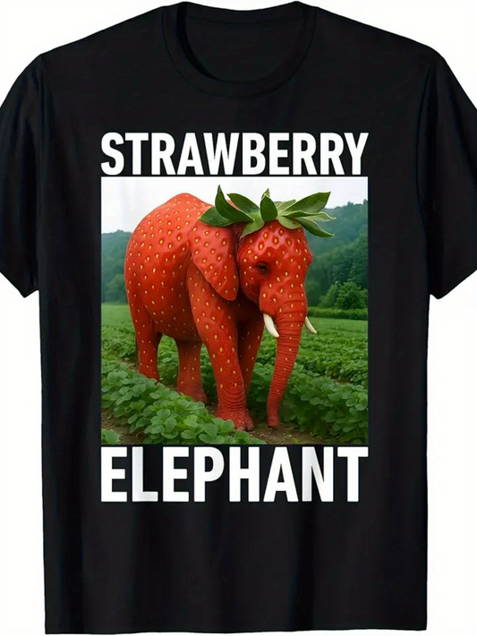 Men's Graphic T-Shirt Strawberry Elephant Standing In Lush Green Fields With Leafy Crown Elephant
