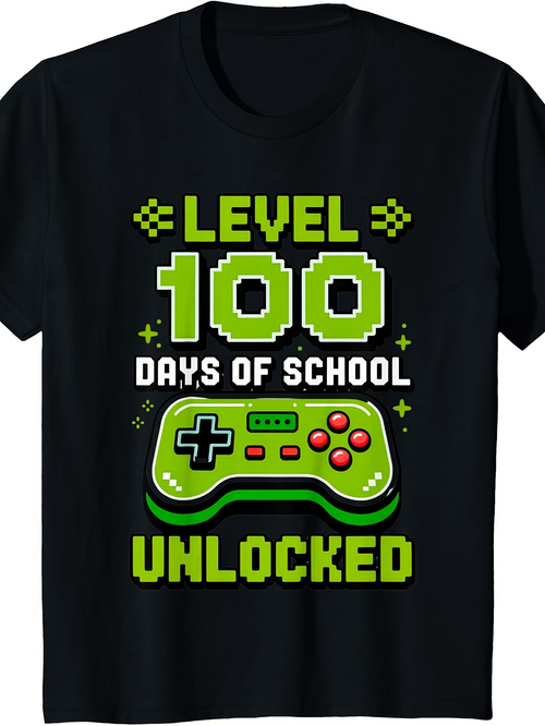 Men's Graphic T-Shirt Level 100 Days Of School Unlocked Green Pixel Game Controller