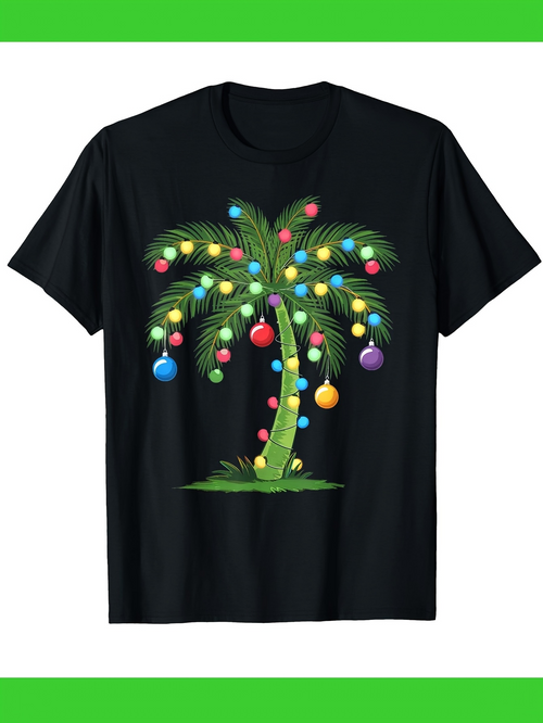 Men's Graphic T-Shirt Colorful Festive Lights Hanging On A Tropical Palm Tree