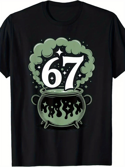 Men's Graphic T-Shirt Number 67 With Bubbling Magic Cauldron And Green Mist
