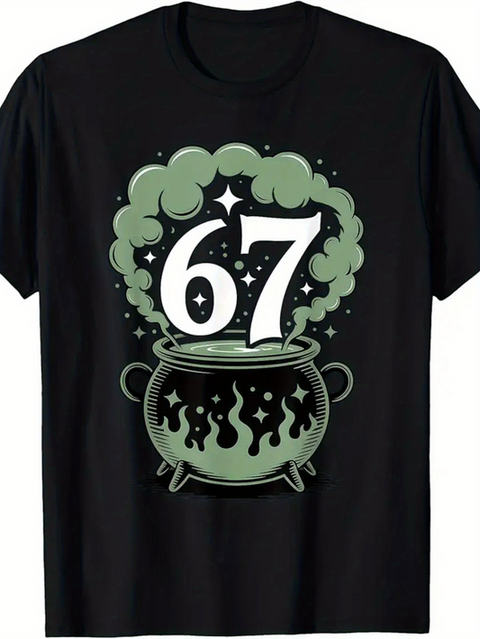 Men's Graphic T-Shirt Number 67 With Bubbling Magic Cauldron And Green Mist