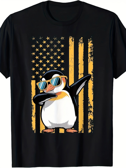 Men's Graphic T-Shirt Chill Penguin Wearing Sunglasses Dabbing With Distressed American Flag