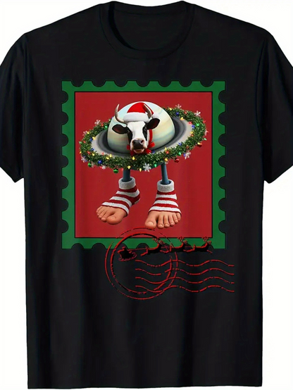 Men's Graphic T-Shirt Festive Wreath With Santa Hat And Striped Sandals Bull
