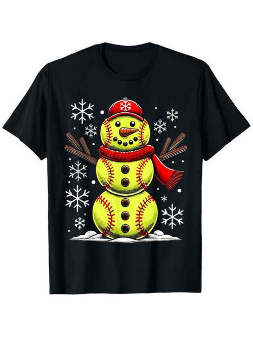 Men's Graphic T-Shirt Smiling Snow Scenery With Baseballs And Red Scarf Snowman