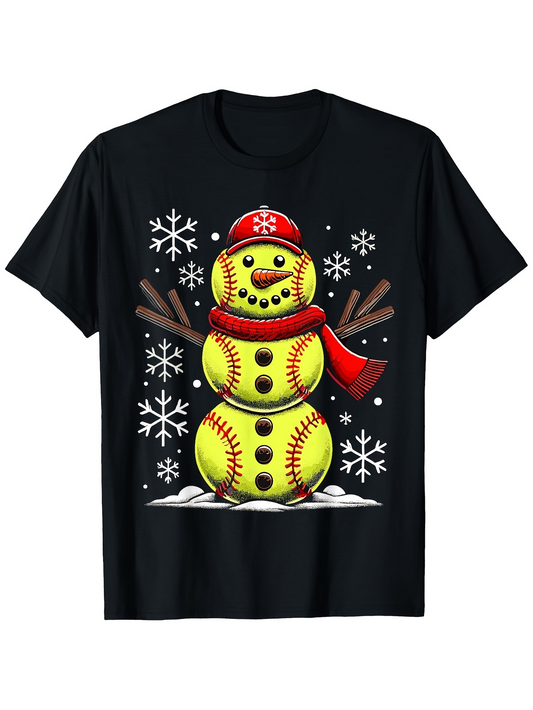 Men's Graphic T-Shirt Smiling Snow Scenery With Baseballs And Red Scarf Snowman