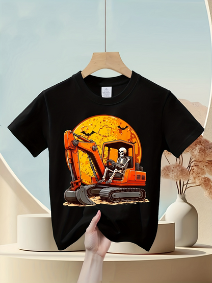 Men's Graphic T-Shirt Glowing Orange Moon With Bats And Skeleton In Construction Excavator