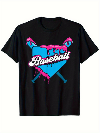 Men's Graphic T-Shirt Baseball Blue Home Plate With Dripping Pink Glaze And Two Crossed Bats