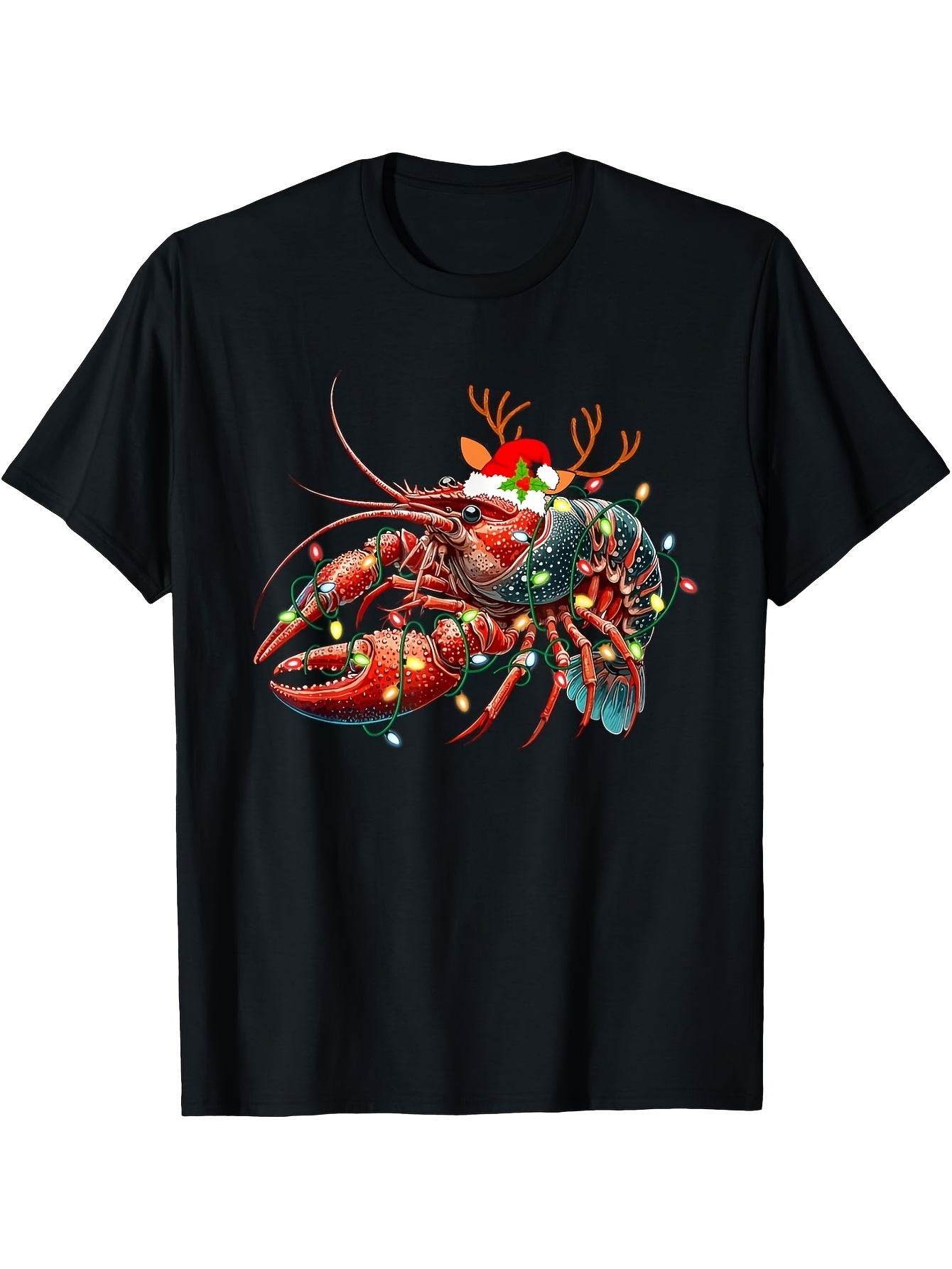 Men's Graphic T-Shirt Festive Red Lobster With Santa Hat Reindeer Antlers And Christmas Lights