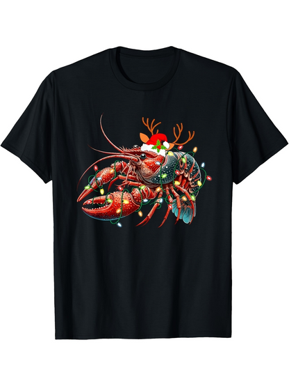Men's Graphic T-Shirt Festive Red Lobster With Santa Hat Reindeer Antlers And Christmas Lights