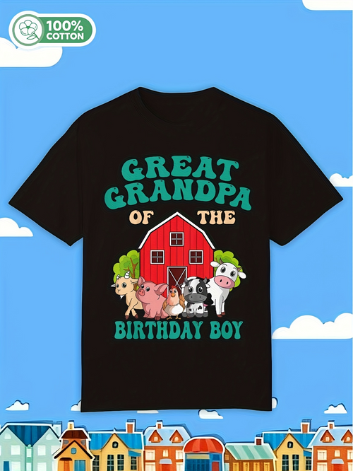 Men's Graphic T-Shirt Great Grandpa Of The Birthday Boy Cheerful Barnyard Animals With Red Farmhouse