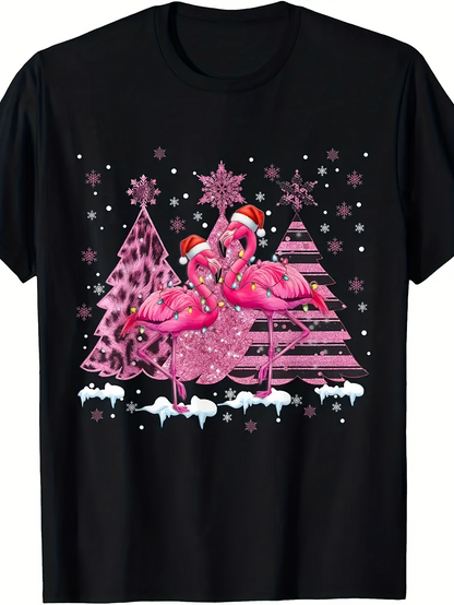 Men's Graphic T-Shirt Festive Pink Christmas Flamingos With Snowy Glittering Trees Under Stars