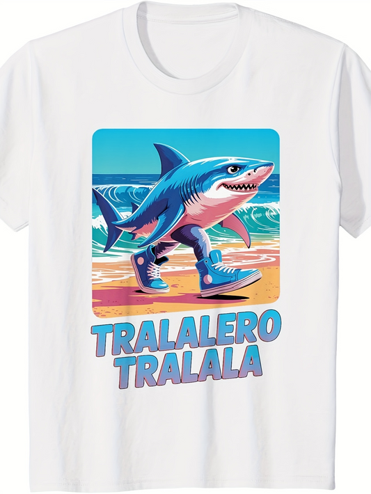 Men's Graphic T-Shirt Tralalero Tralala Cartoon Shark Walking On Colorful Beach Sand