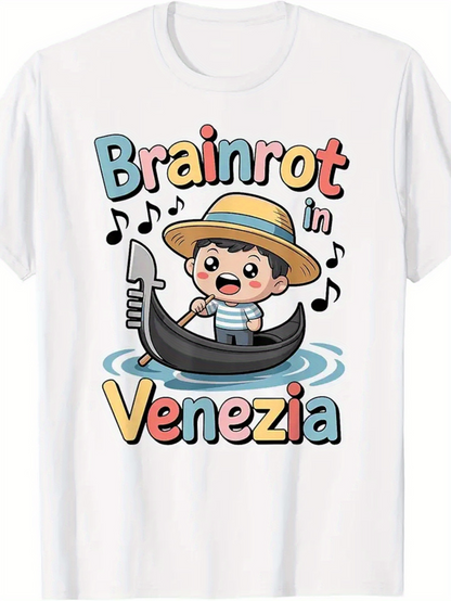 Men's Graphic T-Shirt Brainrot In Venezia Smiling Child Rowing Gondola On Blue Water