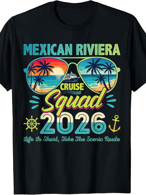 Men's Graphic T-Shirt Mexican Riviera Cruise Squad 2026 Sunset Palms Ocean Reflections With Sunglasses