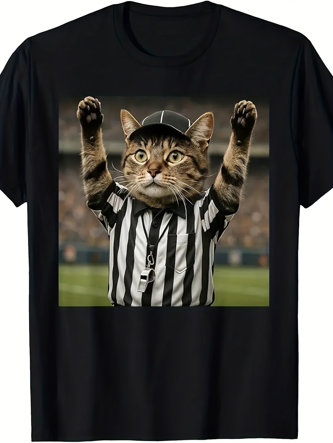Men's Graphic T-Shirt Playful Referee Cat With Black And White Striped Shirt On Football Field