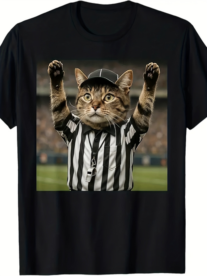 Men's Graphic T-Shirt Playful Referee Cat With Black And White Striped Shirt On Football Field