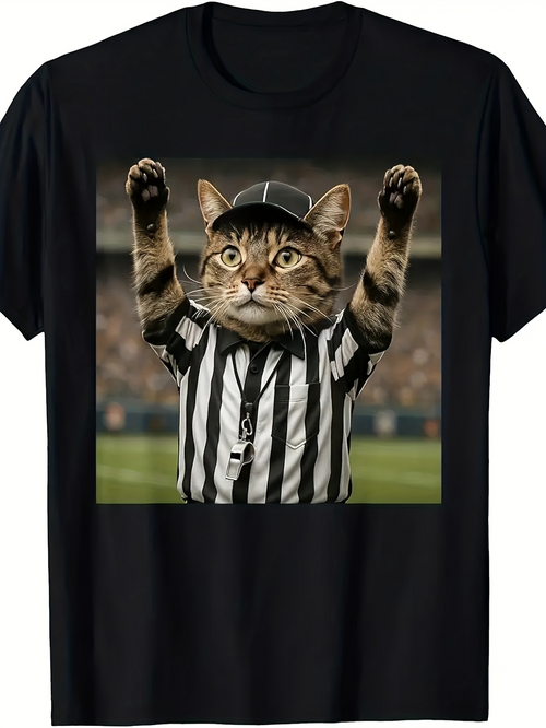Men's Graphic T-Shirt Playful Referee Cat With Black And White Striped Shirt On Football Field
