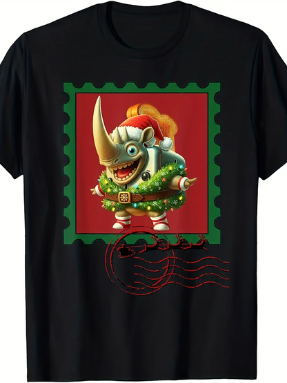 Men's Graphic T-Shirt Festive Postage Stamp With Cartoon Rhinoceros Wearing Santa Hat