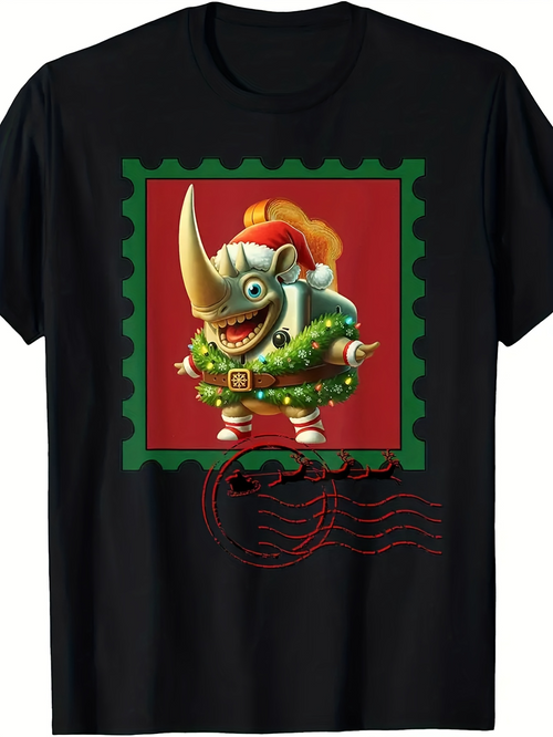 Men's Graphic T-Shirt Festive Postage Stamp With Cartoon Rhinoceros Wearing Santa Hat