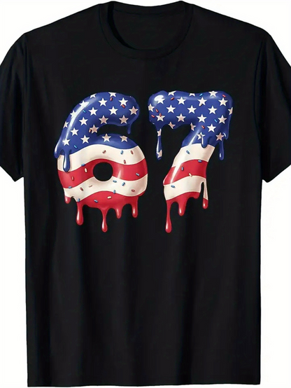 Men's Graphic T-Shirt Dripping American Flag Patterned Numbers On Black T Shirt