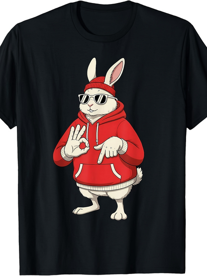 Men's Graphic T-Shirt Cool Bunny Wearing Red Hoodie Sunglasses Gesturing Playfully Standing Upright