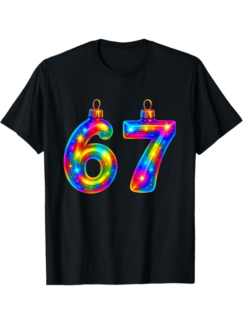 Men's Graphic T-Shirt Colorful Festive Ornament Numbers With Shining Holiday Glow Sixty Seven