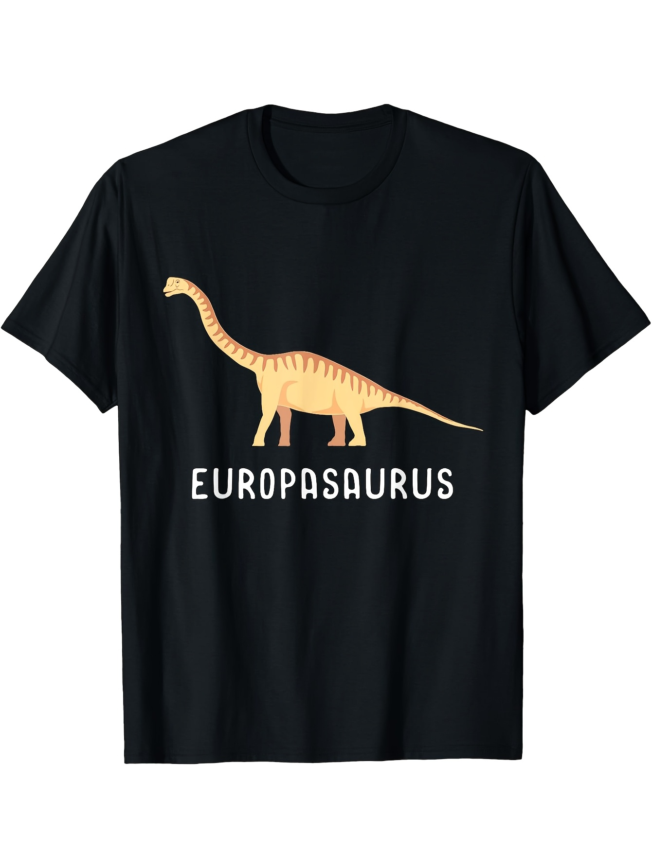 Men's Graphic T-Shirt Europasaurus With Cartoon Yellow Patterned Dinosaur Under White Text